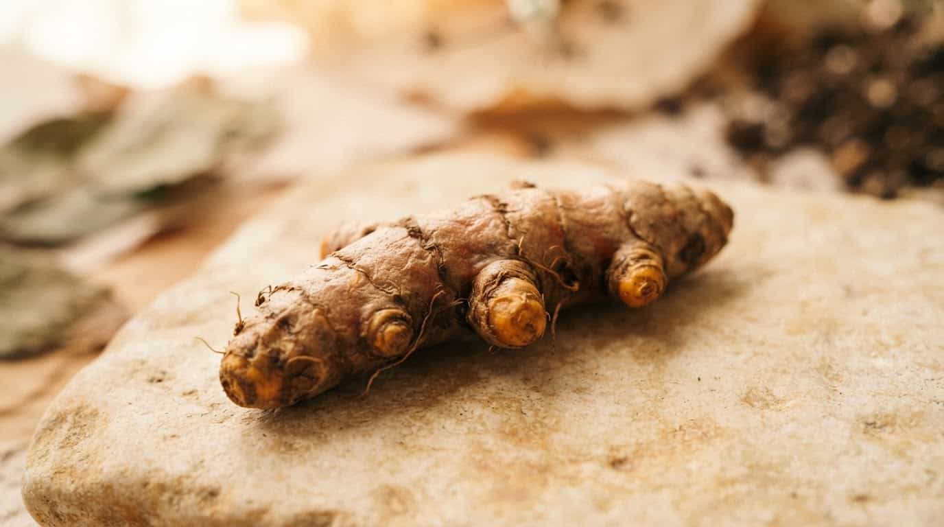 Turmeric root on a stone surface