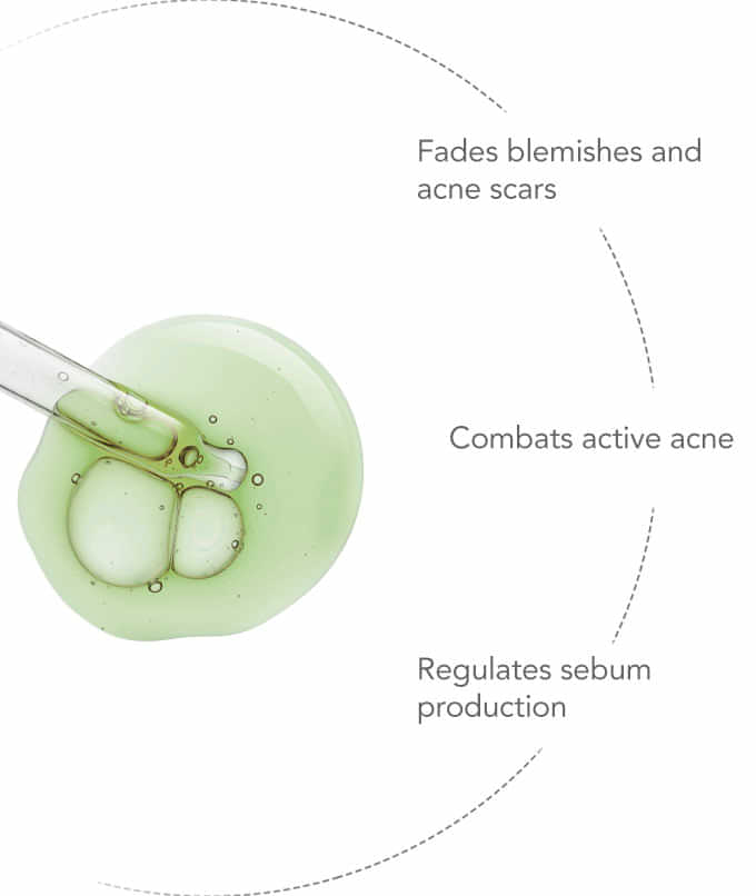 Treating- Key benefits
Fades blemishes and acne scars
Combats active acne
Regulates sebum production preventing more breakouts