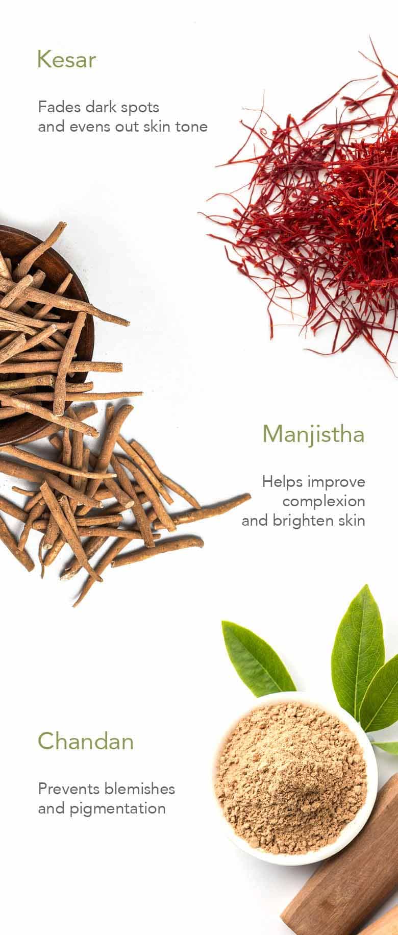 In Glow Oil, kumkumadi helps to even out skin tone, jojoba oil decreases redness & chirata actives help to regenerate your skin cells among other natural ingredients.