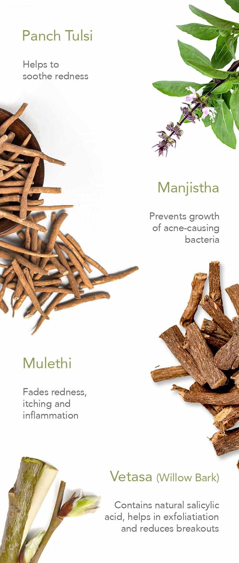 Ingredients
Panch Tulsi
Helps to soothe redness 
Manjistha
Prevents growth of acne-causing bacteria 
Mulethi
Fades redness, itching and inflammation